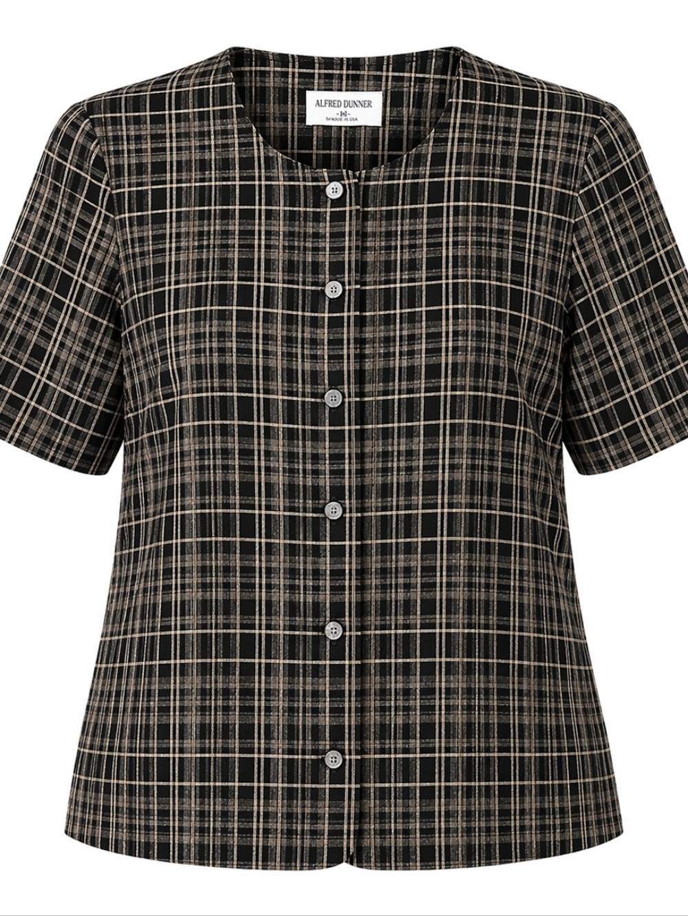 Vintage Alfred Dunner Black Cream Plaid Women's Office Button Down Shirt Sz 16